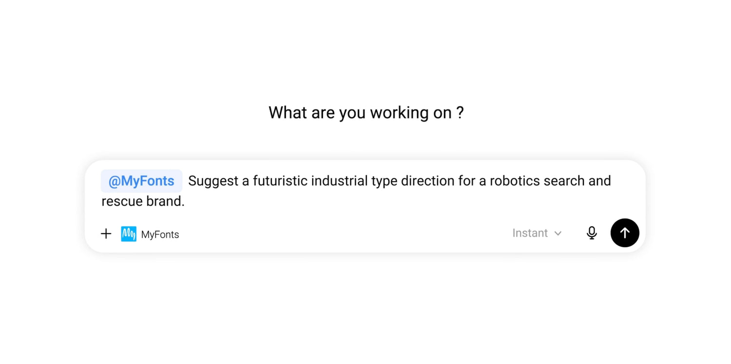 ChatGPT interface using the @MyFonts app to request font and typography recommendations for a robotics search and rescue brand.